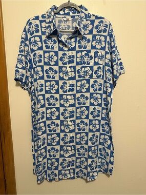 Ascot And Hart Blue White Checkered Floral Hawaiian Button Up Shirt Dress S